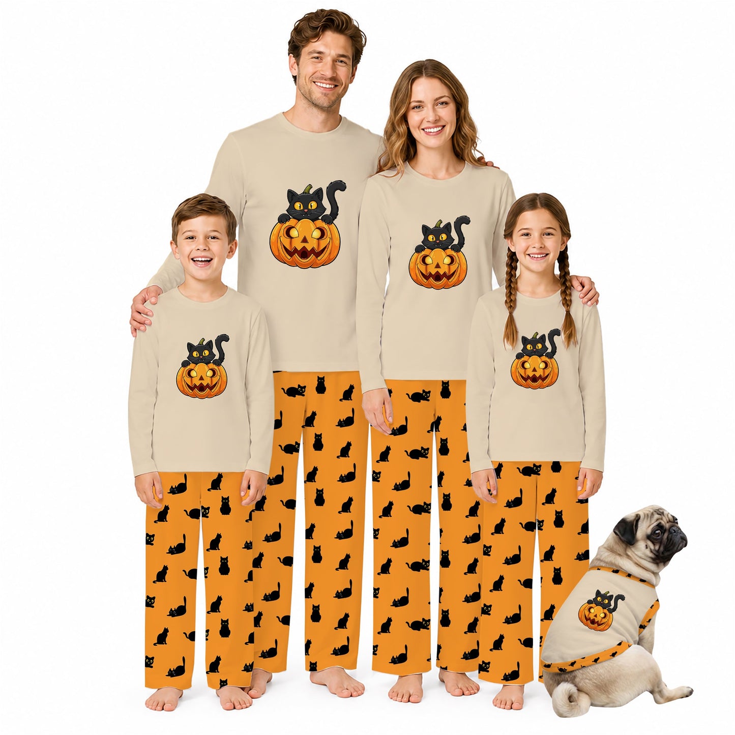 A family of four wearing matching Beige long-sleeve pajamas with orange Halloween-themed graphics, standing barefoot on a White background, with a small dog sitting beside them wearing a matching pajama set.