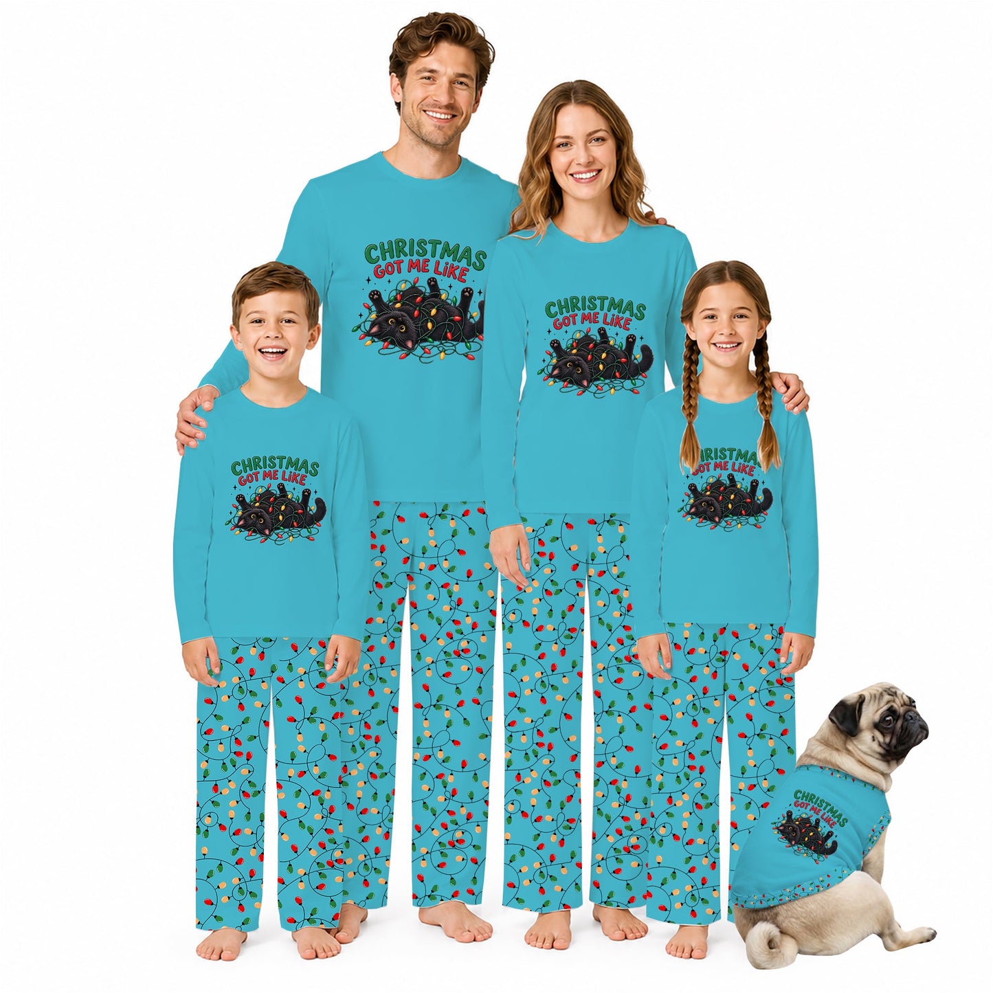 A family of four wearing matching turquoise long-sleeve pajamas with a Christmas tree graphic and multicolor holly-patterned pants, standing barefoot on a white background next to a matching dog shirt with a pug.