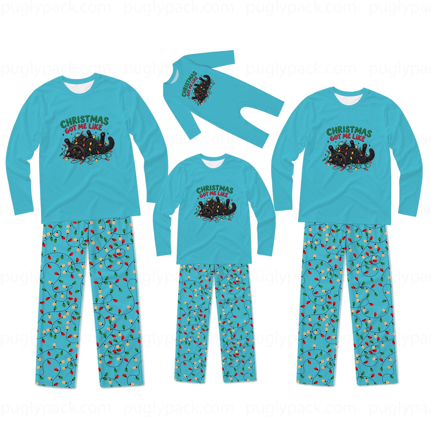 Three sizes of matching family Christmas pajamas displayed on invisible mannequins against a white background. The set includes a long-sleeve crewneck shirt and matching patterned pants in turquoise blue, featuring a 'CHRISTMAS SPILTER MALL' graphic with a sleigh and reindeer on the chest, and a small red and green holiday print all over the pants.