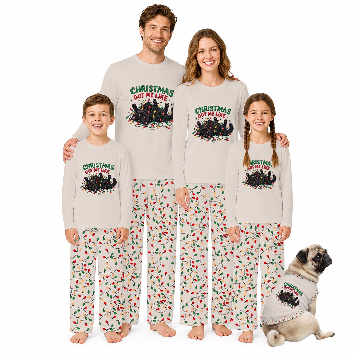 A family of four wearing matching Christmas-themed long-sleeve pajamas with a 'Christmas Got Me Lane' graphic, standing barefoot against a white background next to a small matching dog.