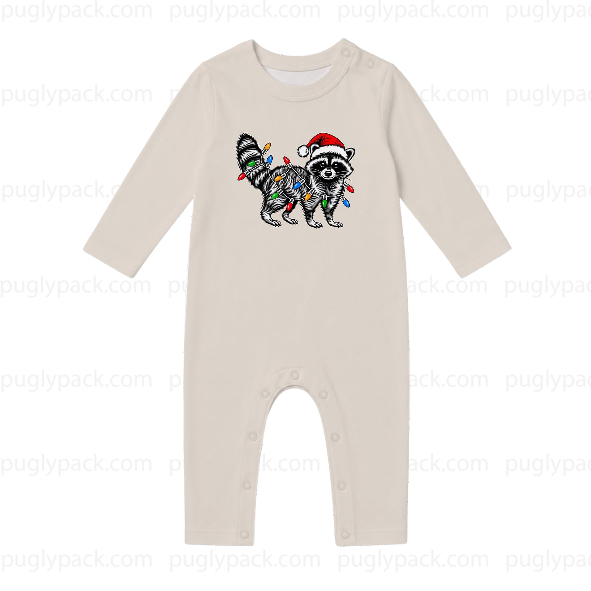 A long-sleeve baby romper in a light oatmeal beige color, featuring a graphic of a raccoon wearing a Santa hat and wrapped in Christmas lights on the chest. The romper has snap closures at the crotch.