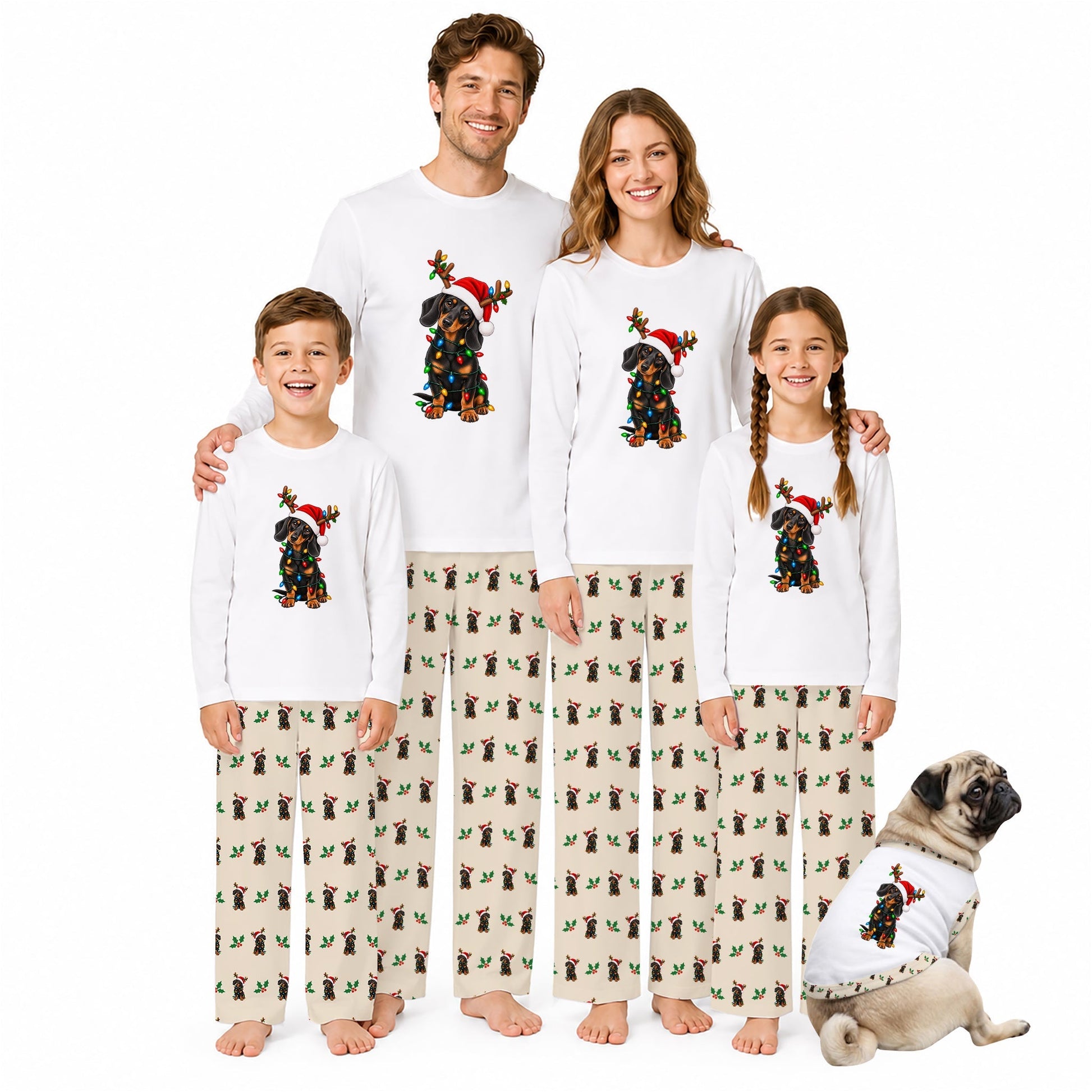 A family of four and a dog wearing matching Christmas pajamas against a plain White background. The pajamas are White long-sleeve tops with a colorful dog graphic wearing a Santa hat, paiRed with Beige pants coveRed in a repeating dog pattern.