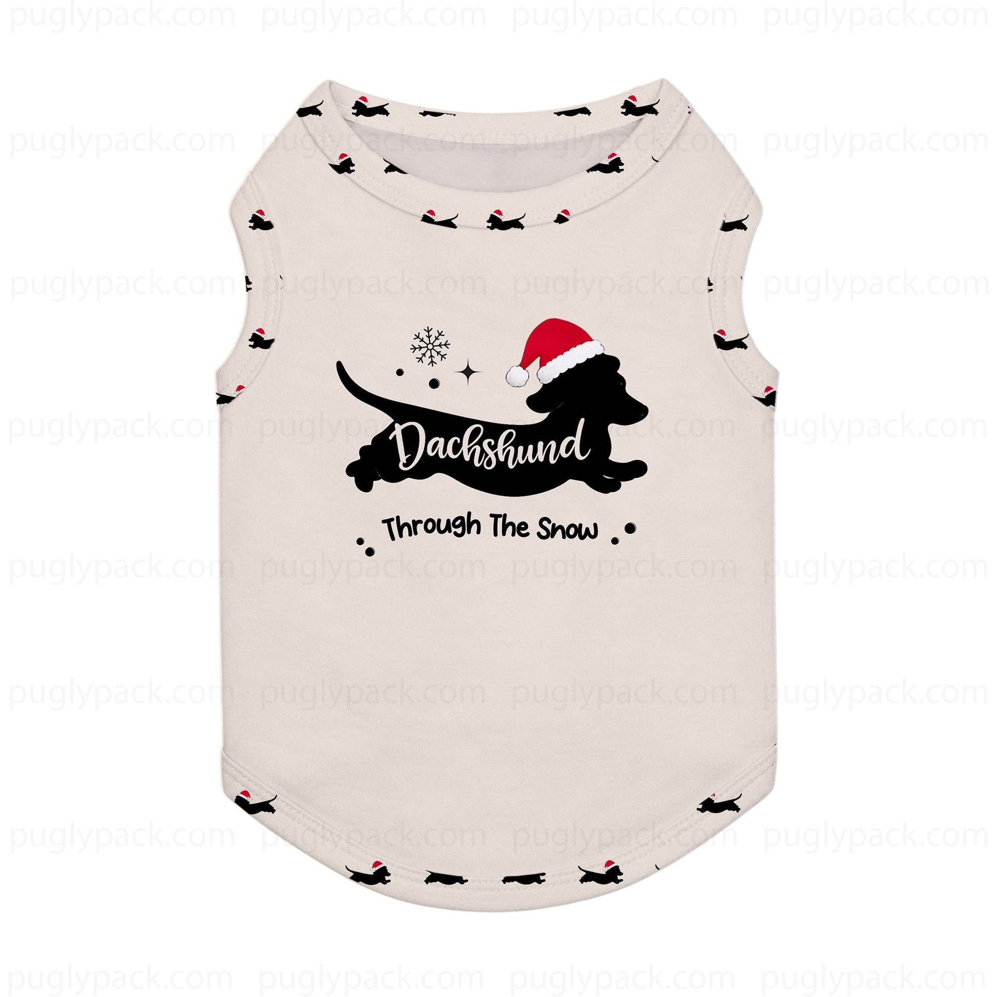 An off-White sleeveless pet shirt featuring a Black silhouette of a dachshund wearing a Red Santa hat, with the text 'Dachshund Through The Snow' and small snowflake details.