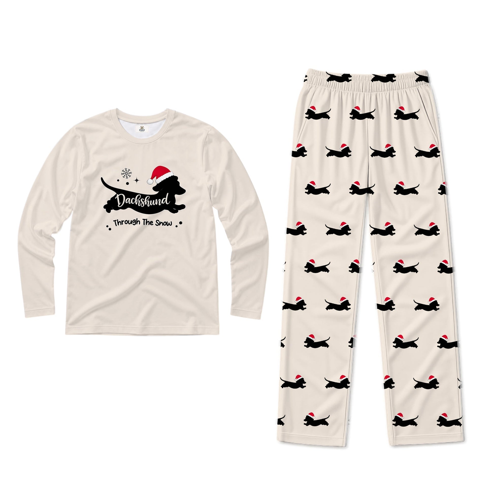 A two-piece Christmas pajama set on a White background, featuring a long-sleeve Cream shirt with a Black dachshund graphic wearing a Santa hat and the text 'Dachshund Through The Snow,' and matching Cream pants with a repeating pattern of Black dachshunds wearing Red Santa hats.