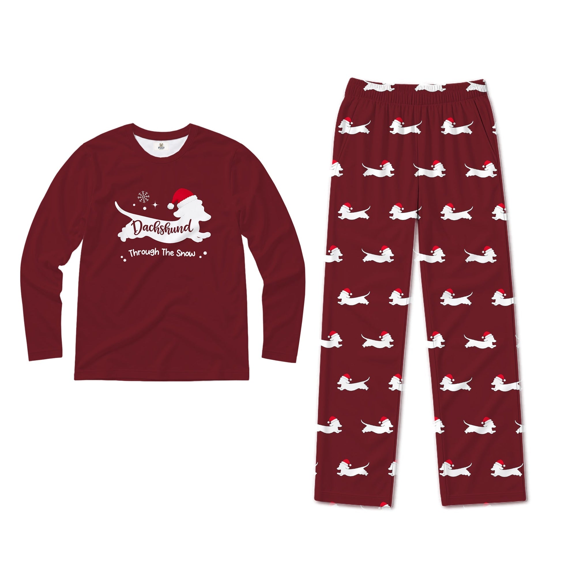 A two-piece Christmas pajama set featuring a long-sleeve crewneck shirt and matching pants. The shirt is maroon with a White silhouette of a dog wearing a Santa hat and the text 'Duckbill Through The Snow'.