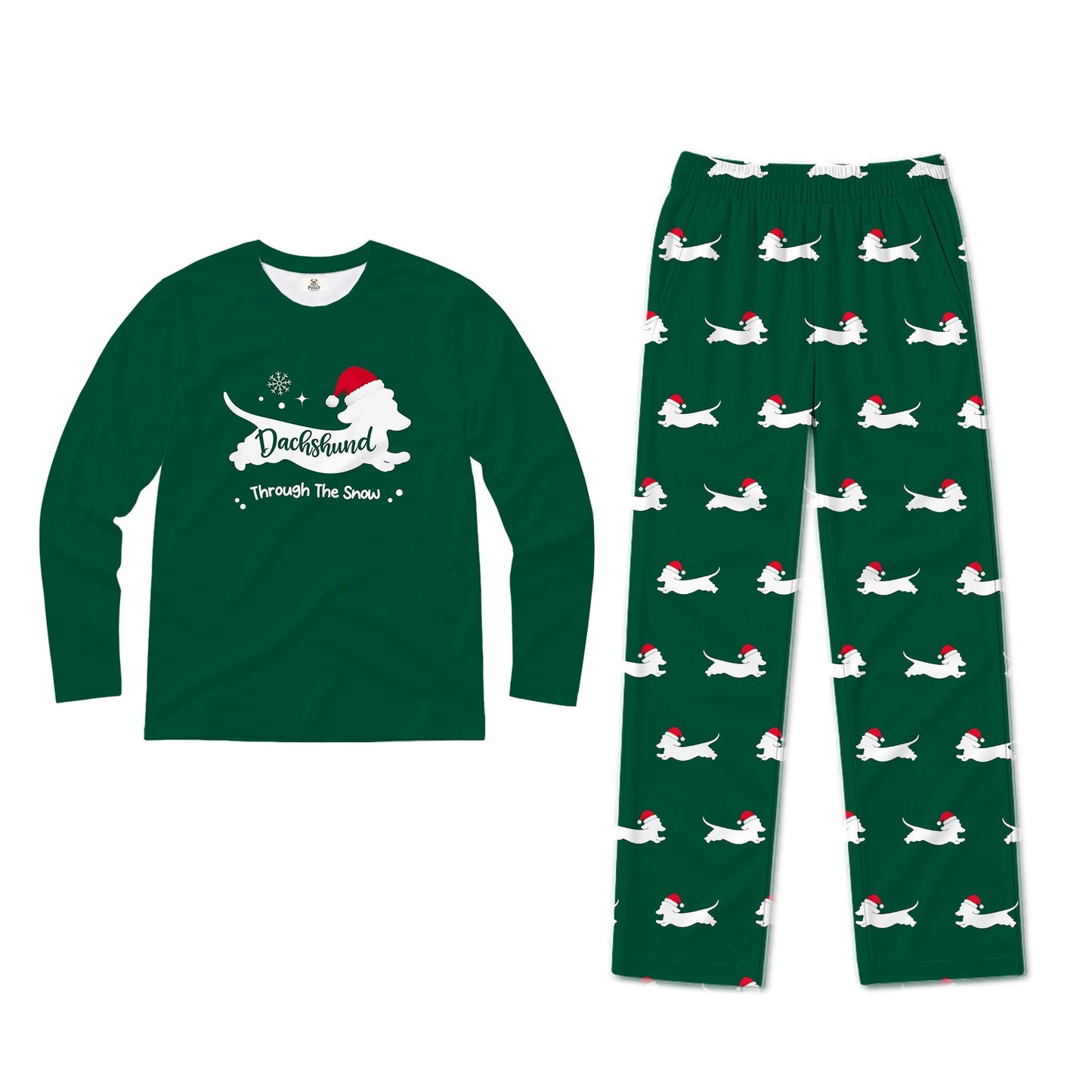 A two-piece Christmas-themed pajama set featuring a dark Green long-sleeve shirt with a White dog silhouette and the text 'DuckHunter Through The Snow' with a Santa hat, and matching dark Green pants with an all-over print of White dogs wearing Red Santa hats.