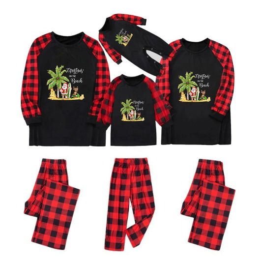 Three matching family Christmas pajama sets shown on a plain White background, including long-sleeve shirts and pants. The pajamas feature a Black body with Red buffalo plaid sleeves and a tropical beach graphic on the chest with the text 'Cruising for Beach'.