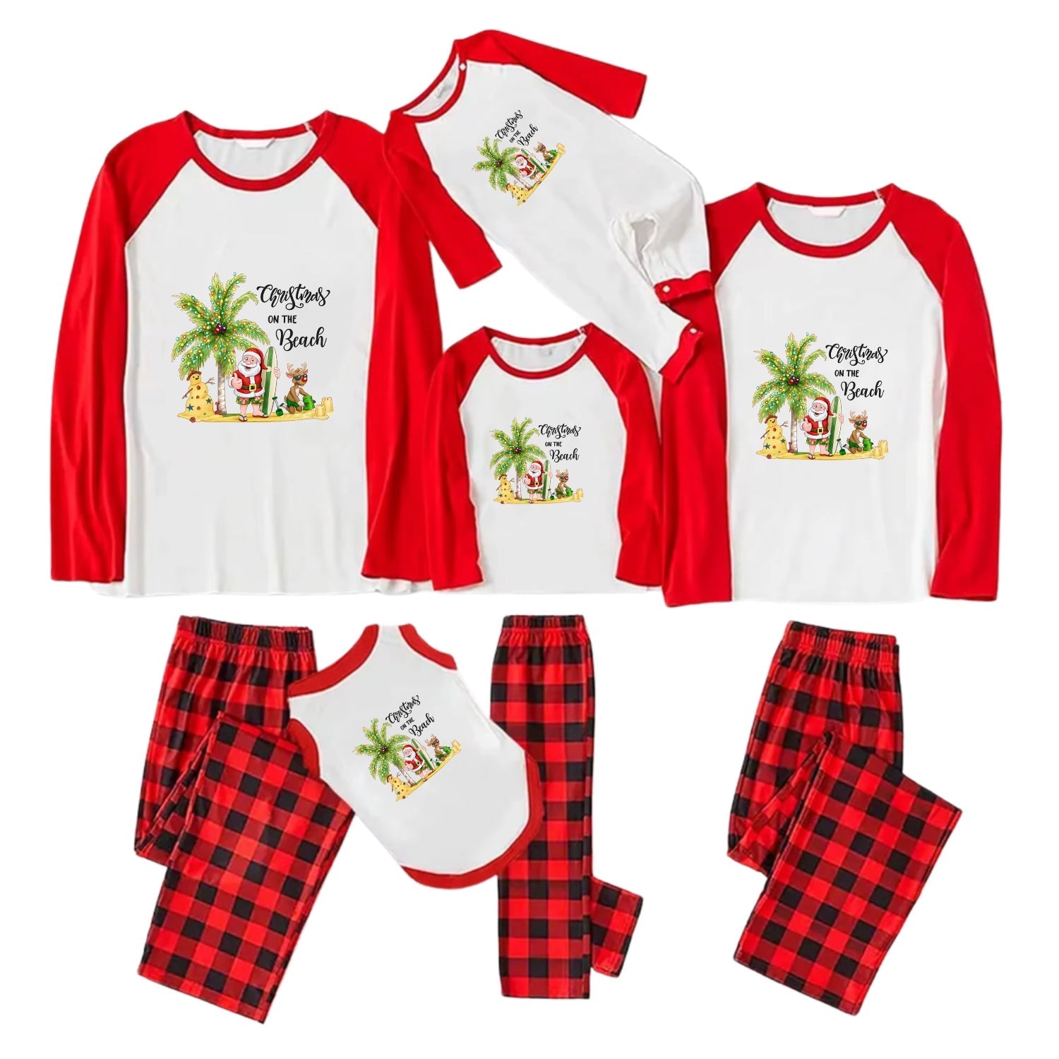 A matching family pajama set displayed on a White background, including long-sleeve raglan shirts and pants in Red and White with a tropical Santa graphic, plus Red and Black buffalo plaid pants and a matching bib.