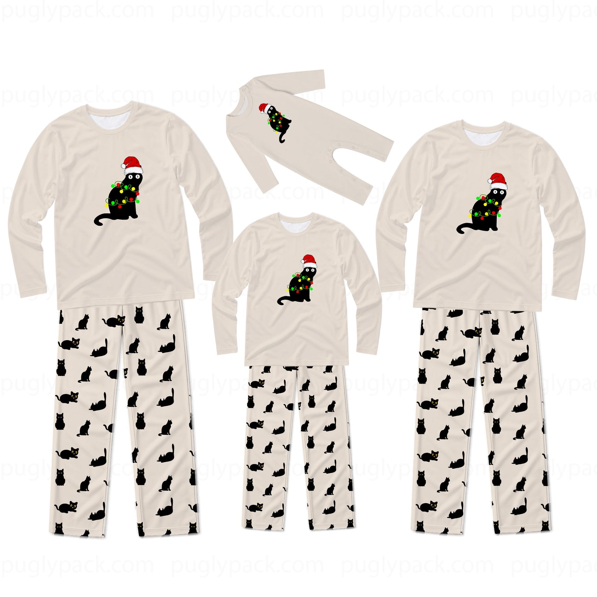 Three sizes of matching family Christmas pajamas shown on a white background, featuring a beige long-sleeve top with a black cat wearing a green Christmas tree and red Santa hat, paired with beige pants patterned with small black cat silhouettes.