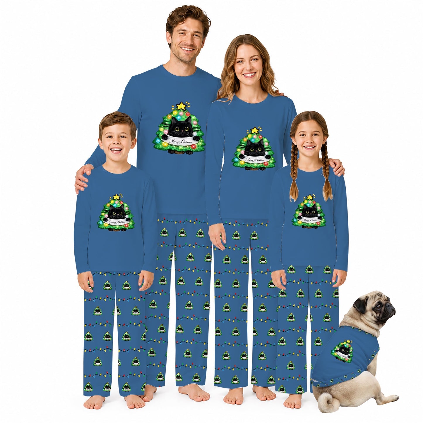 A family of five wearing matching Blue pajamas with a Green Christmas tree graphic and small Green patterned print on the pants, posed against a White background with a small pug dog at the bottom right.
