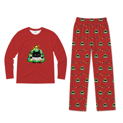 A two-piece Christmas pajama set featuring a Red long-sleeve shirt with a cartoon Black cat in a Green Christmas tree and matching Red pants with a Christmas tree and string lights pattern.