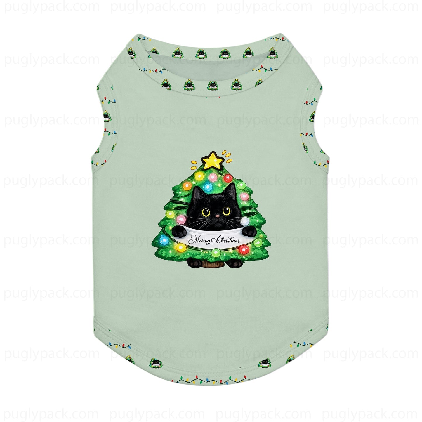 A light sage Green pet tank top featuring a festive Christmas tree graphic with a Black cat and a 'Merry Christmas' banner. The tank top is decorated with small Christmas tree prints along the collar and sleeve cuffs, and is shown against a White background with faint 'puglypack.