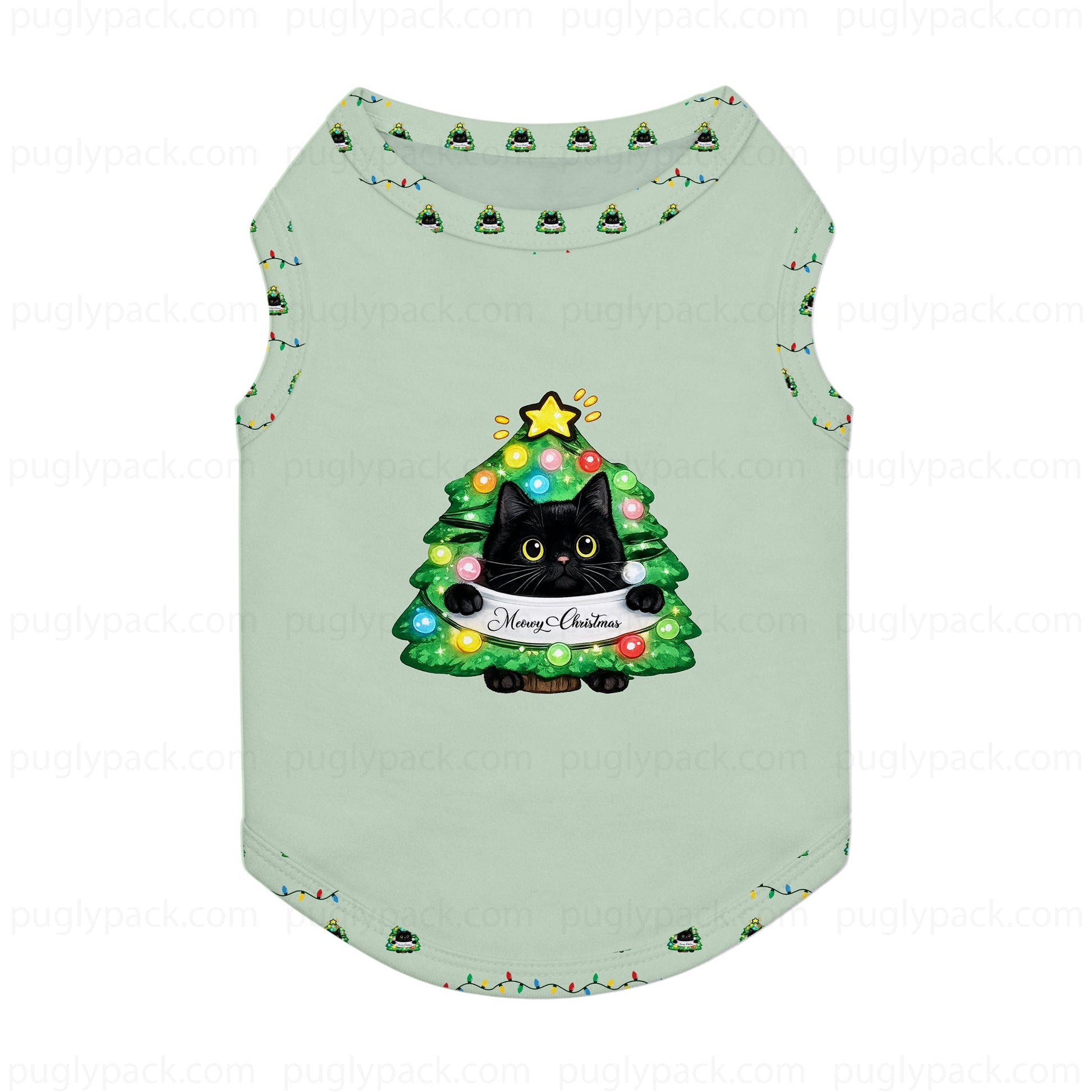 A light sage Green pet tank top featuring a festive Christmas tree graphic with a Black cat and a 'Merry Christmas' banner. The tank top is decorated with small Christmas tree prints along the collar and sleeve cuffs, and is shown against a White background with faint 'puglypack.
