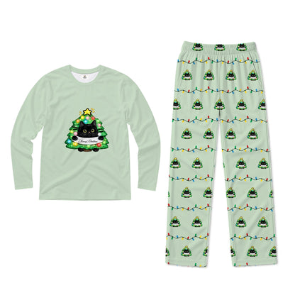 A two-piece pajama set on a White background, featuring a light Mint Green long-sleeve shirt with a cartoon cat dressed in a Christmas tree and the text 'Your Tree Christmas', and matching light Mint Green pants with an all-over print of the same cat in a Christmas tree, colorful string lights, and a small White banner.