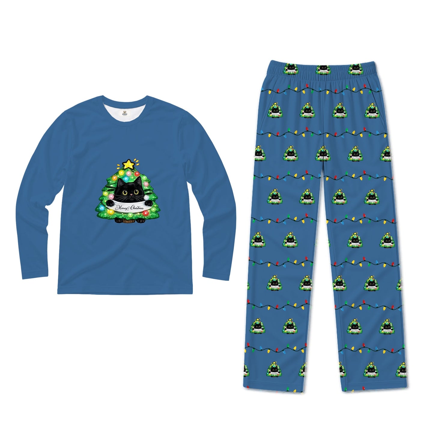 A two-piece kids' pajama set featuring a long-sleeve Blue shirt with a Black cat wearing a Christmas tree graphic, and matching Blue pants with a repeating Christmas tree and string lights pattern.