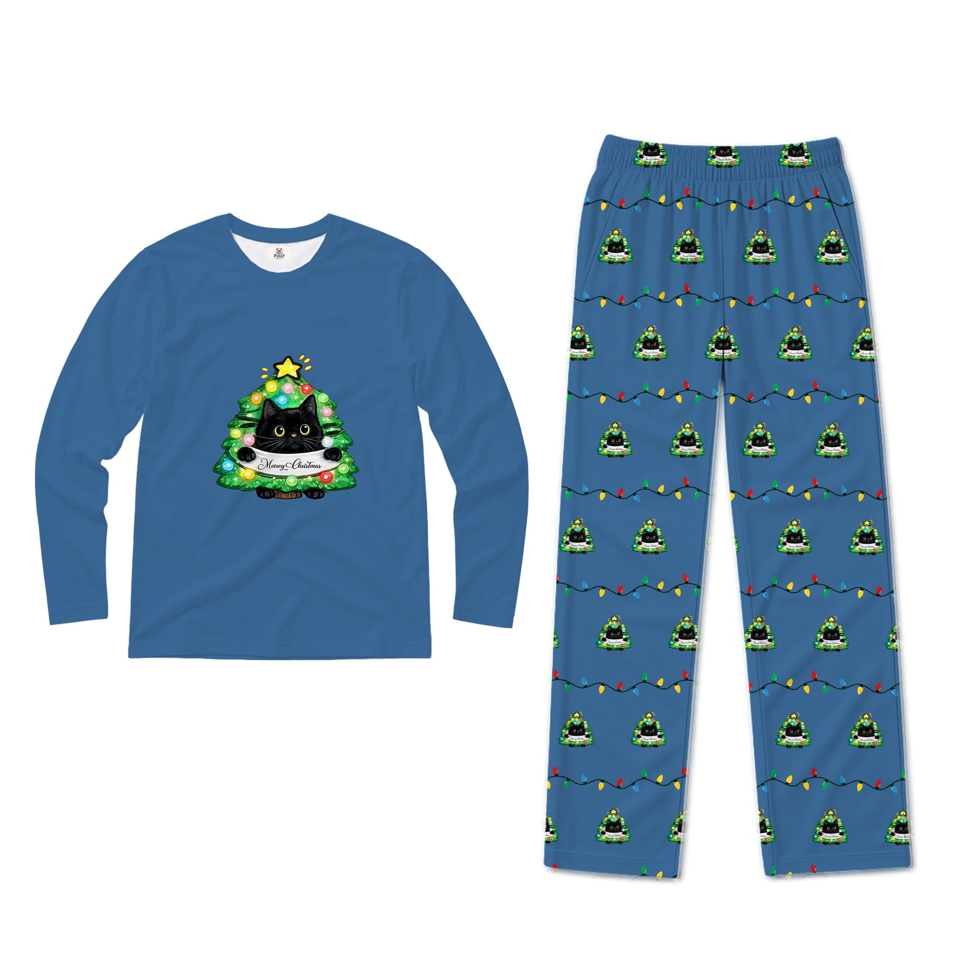 A two-piece kids' pajama set featuring a long-sleeve Blue shirt with a Black cat wearing a Christmas tree graphic, and matching Blue pants with a repeating Christmas tree and string lights pattern.