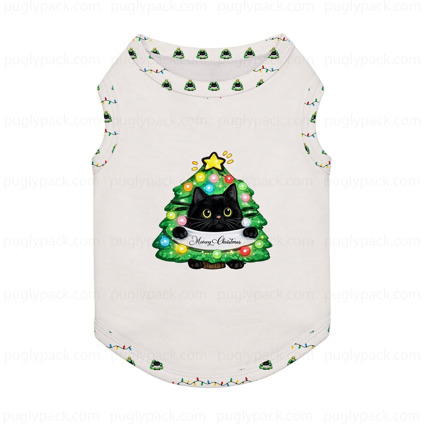 A White sleeveless pet shirt featuring a Black cat sitting on a decorated Green Christmas tree with a 'Merry Christmas' banner. The shirt is decorated with a repeating pattern of small Christmas trees and colorful holiday lights along the neckline and bottom hem.