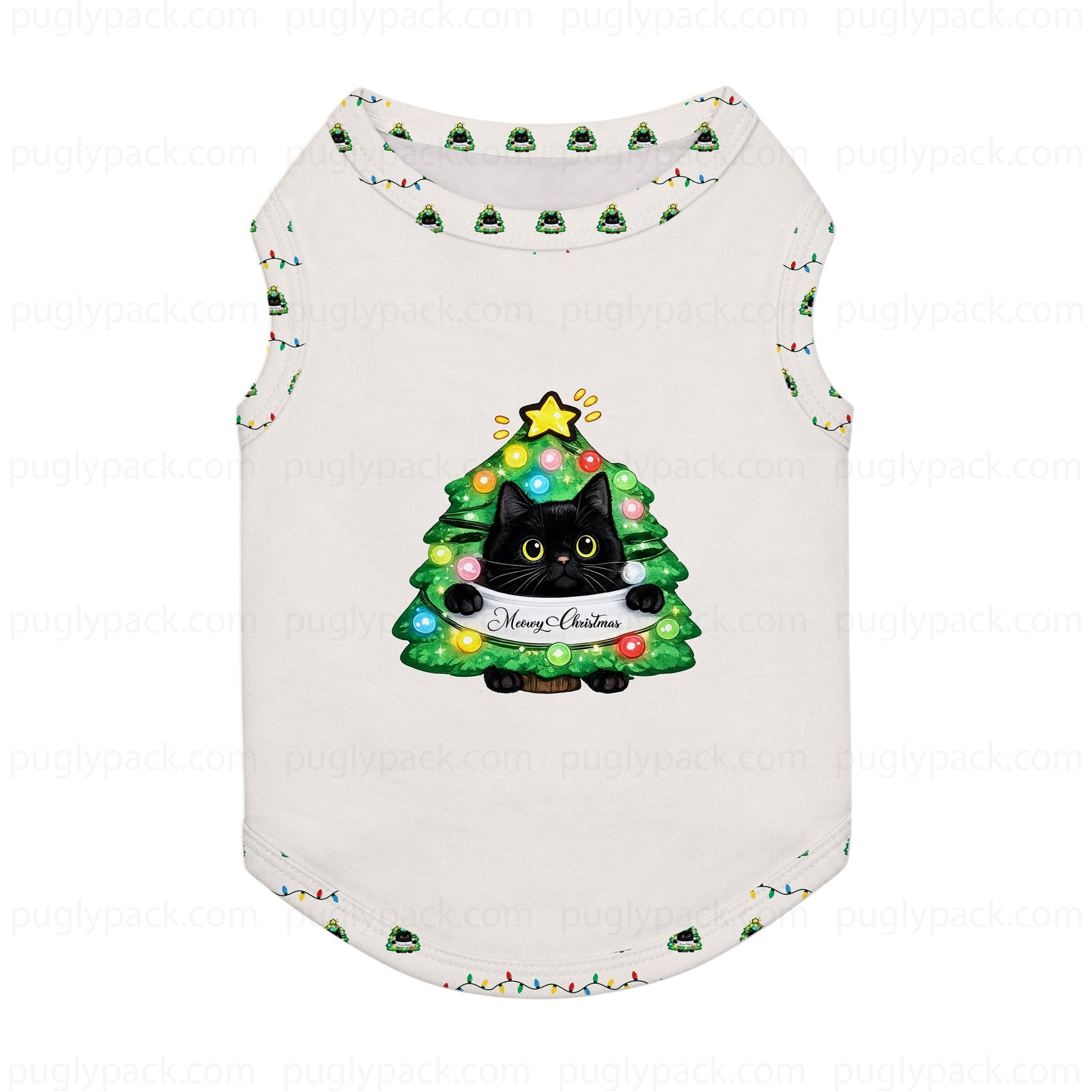 A White sleeveless pet shirt featuring a Black cat sitting on a decorated Green Christmas tree with a 'Merry Christmas' banner. The shirt is decorated with a repeating pattern of small Christmas trees and colorful holiday lights along the neckline and bottom hem.