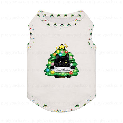 A White sleeveless pet shirt featuring a Black cat sitting on a decorated Green Christmas tree with a 'Merry Christmas' banner. The shirt is decorated with a repeating pattern of small Christmas trees and colorful holiday lights along the neckline and bottom hem.