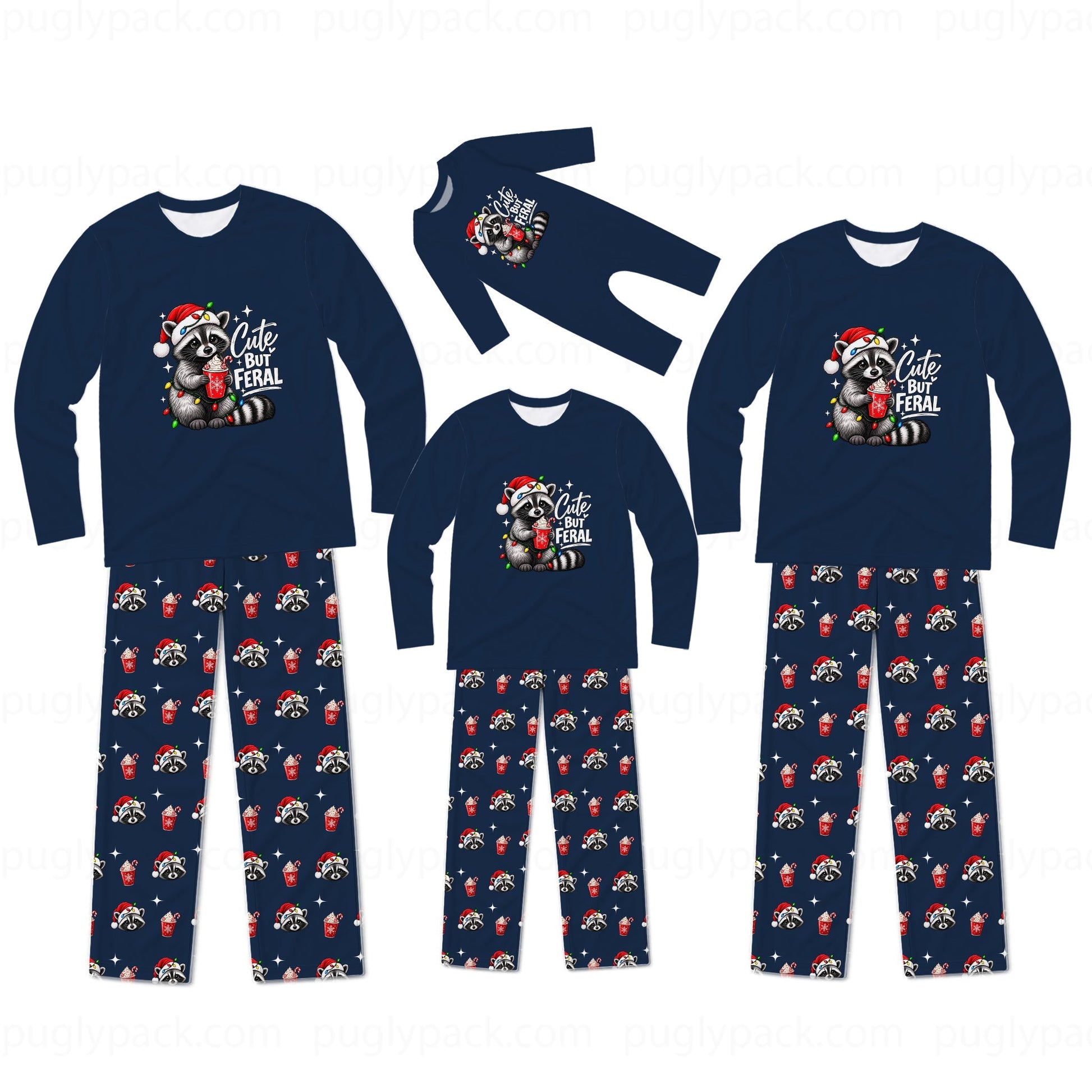 A family matching Christmas pajama set displayed on a white background, including three long-sleeve shirts and three pairs of pants in different sizes. The pajamas are navy blue with a raccoon wearing a Santa hat graphic on the chest and a repeating pattern of Santa hats, gifts, and snowflakes on the pants.