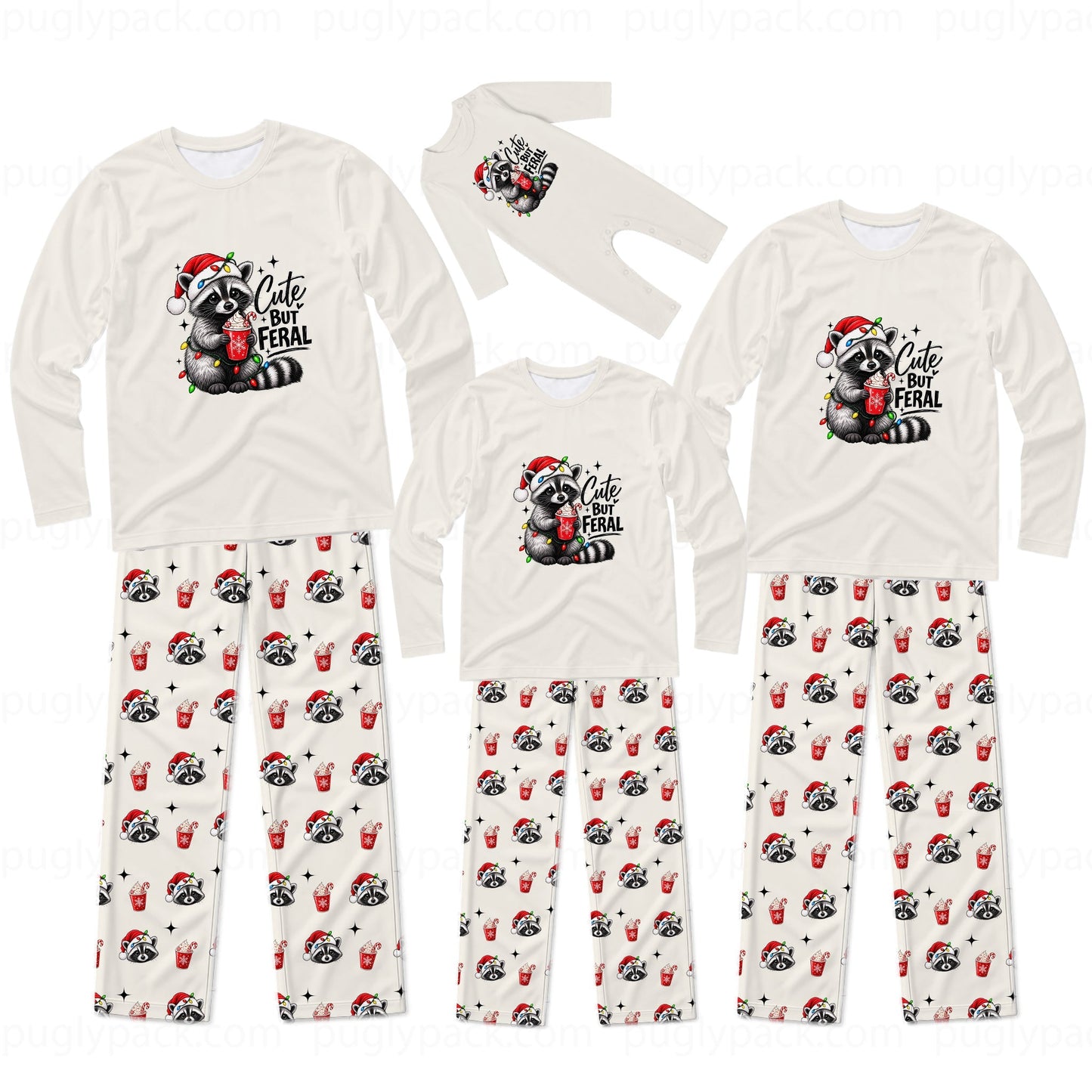 A matching family Christmas pajama set with long-sleeve shirts and pants in cream white. The shirts feature a cute raccoon wearing a Santa hat and holding a red mug with the text 'Cute But FERAL'.