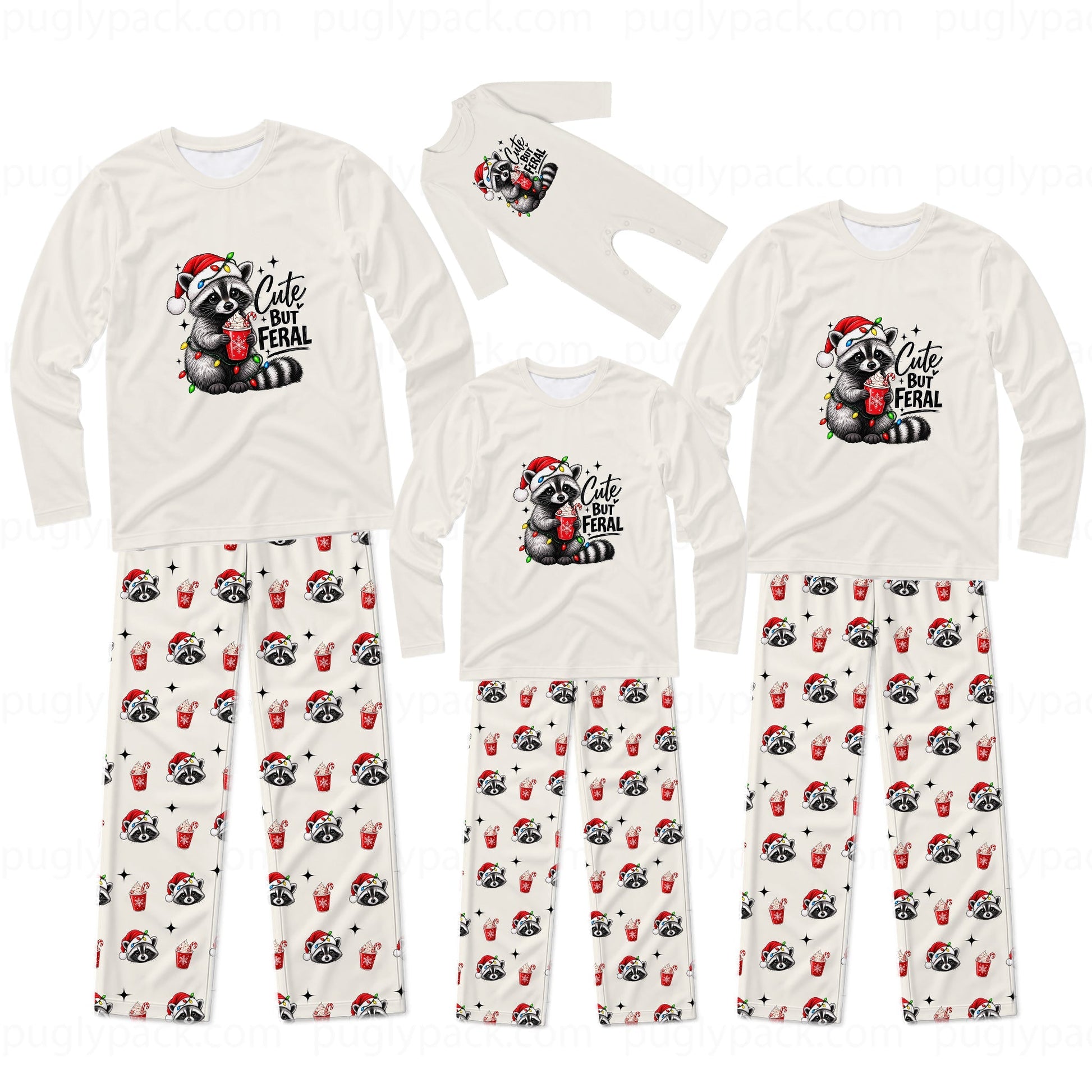 A matching family Christmas pajama set with long-sleeve shirts and pants in cream white. The shirts feature a cute raccoon wearing a Santa hat and holding a red mug with the text 'Cute But FERAL'.