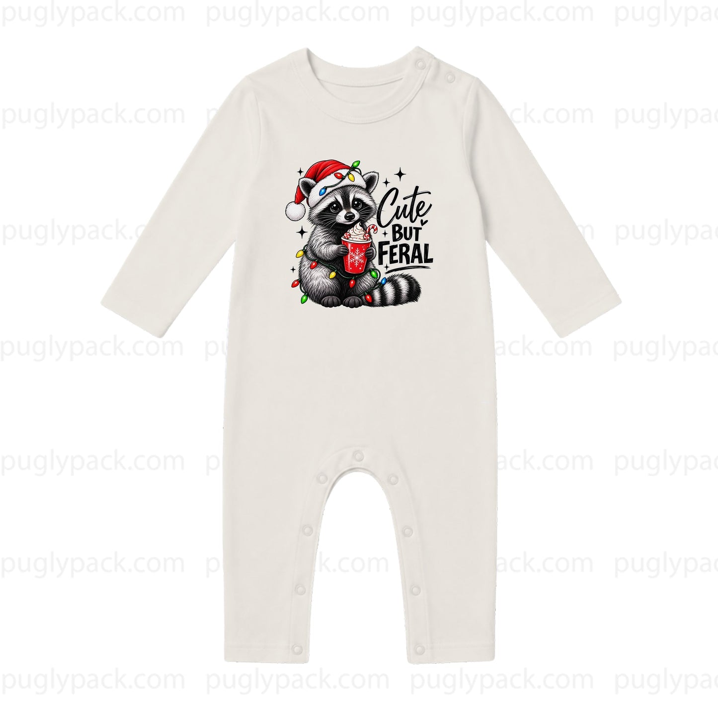 An off-white long-sleeve baby romper with a festive raccoon graphic on the chest. The graphic features a raccoon wearing a red Santa hat and holding a red mug, surrounded by the text 'Cute But Feral' in black script and print.