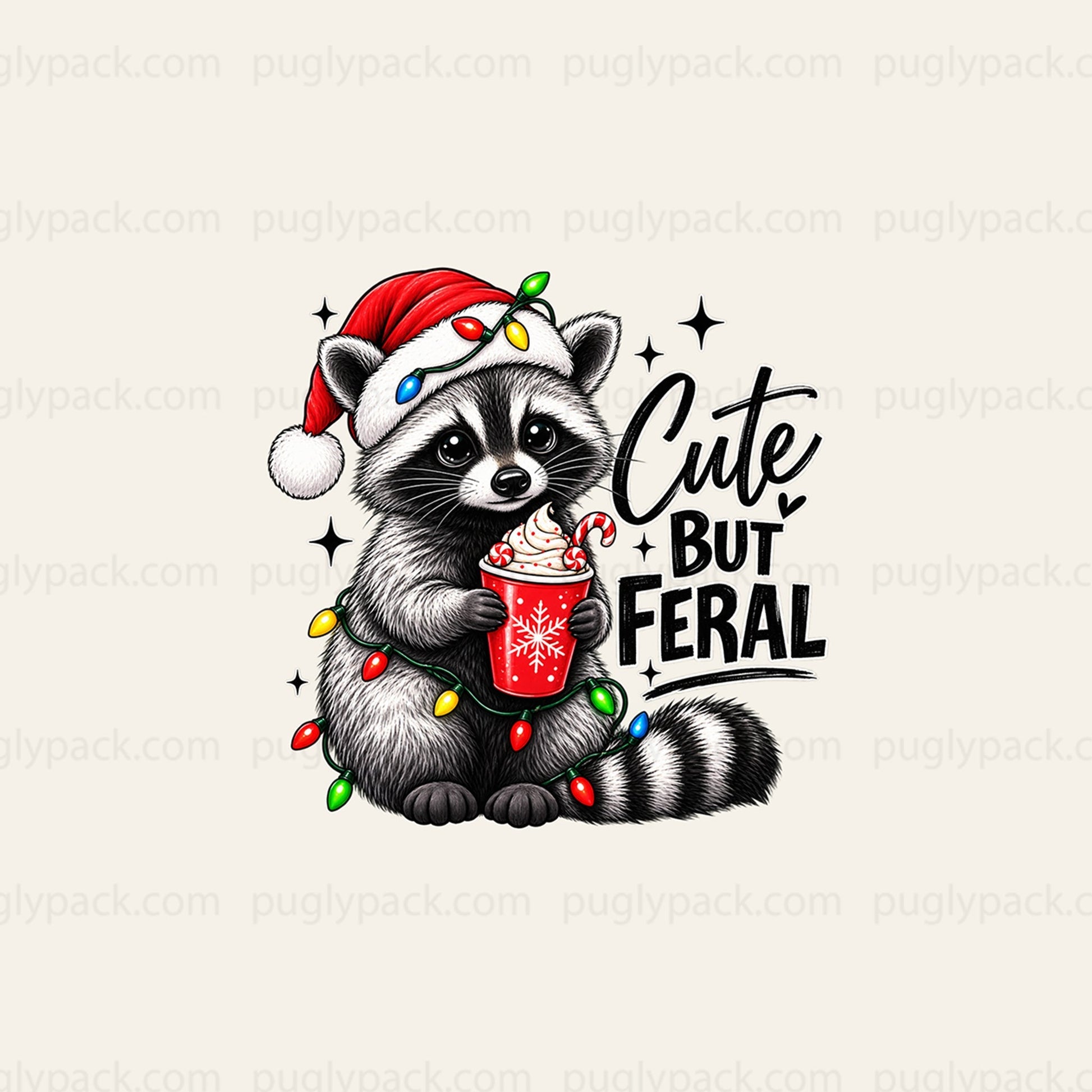 A cute raccoon illustration wearing a red Santa hat and holding a red holiday drink, surrounded by multicolored Christmas lights and the phrase 'Cute But Feral' on a light beige background with repeated Puglypack watermarks.