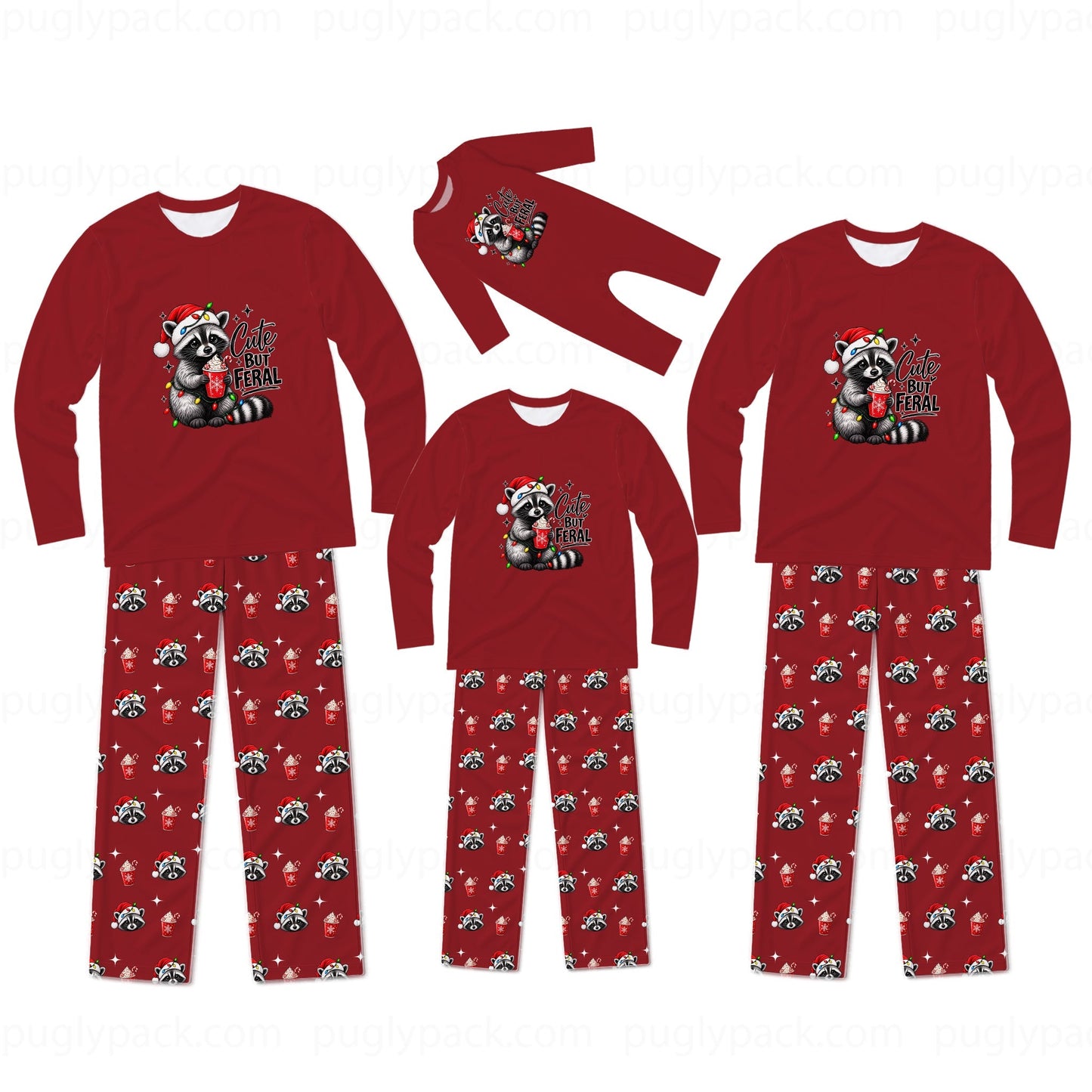 Three sizes of matching Christmas family pajamas shown on a white background, including long-sleeve shirts and pants. The pajamas are red with a raccoon wearing a Santa hat graphic on the chest and red pants featuring a repeating pattern of the same raccoon design.