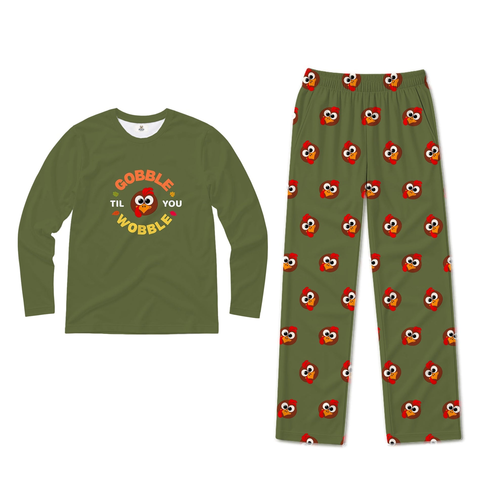 A two-piece children's pajama set on a White background, featuring a brown long-sleeve shirt with a 'Gobble Til You Wobble' turkey graphic and matching brown pants with an all-over Elmo print.