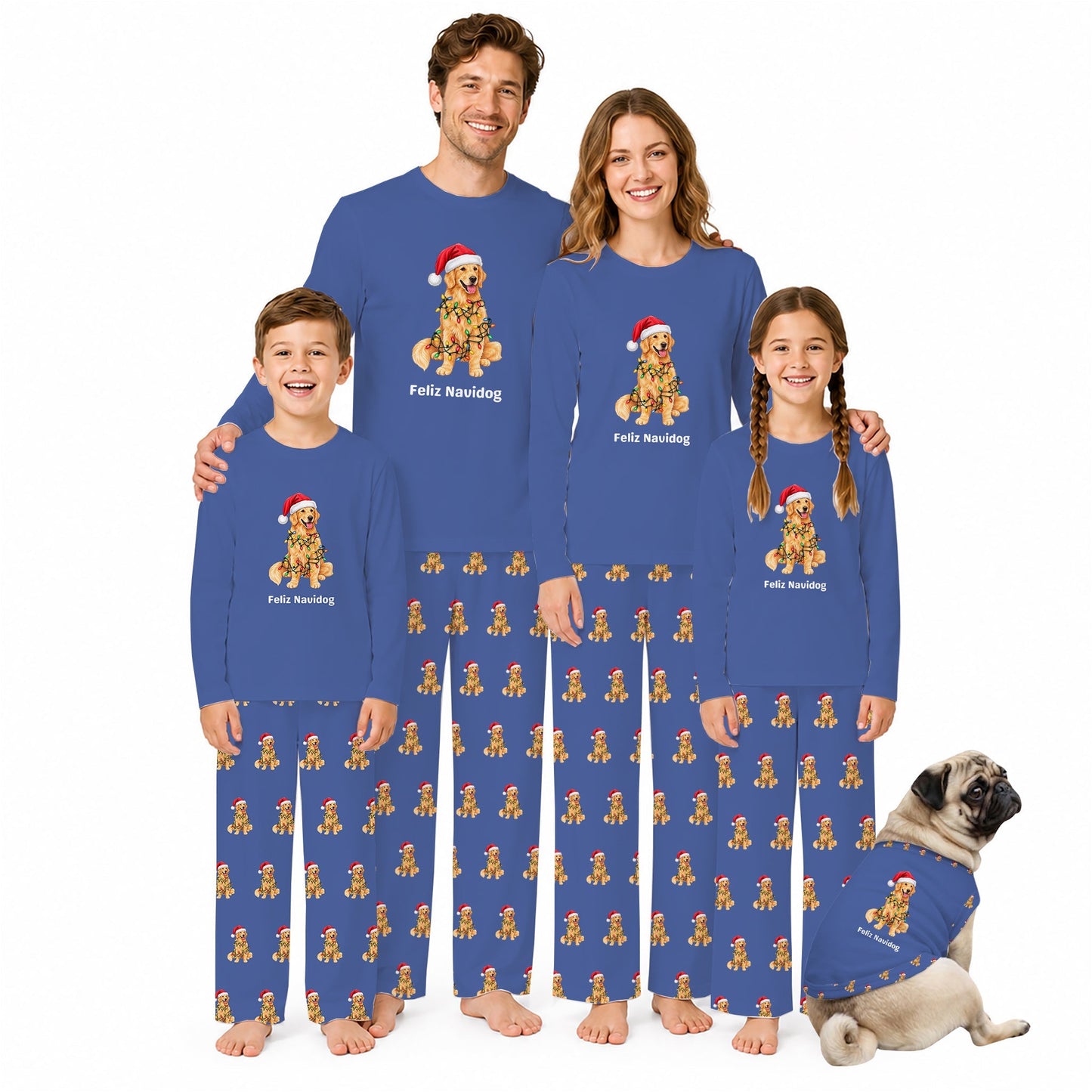 A family of four and a pug dog wearing matching royal Blue pajamas with a repeating gingerbread cookie pattern and a Santa Claus dog graphic on the chest. The pajamas have 'Feliz Navidad' printed below the graphic.