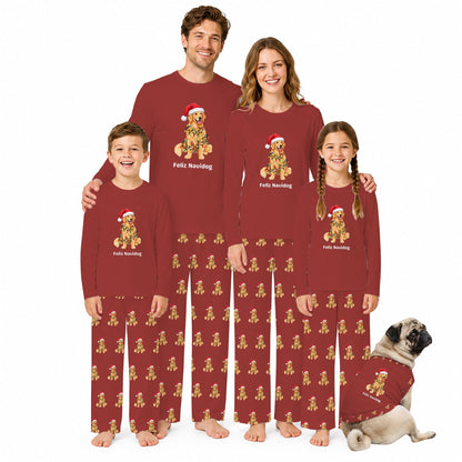 A family of four and a pug dog wearing matching dark Red Christmas pajamas with a gingerbread cookie graphic and the text 'Festive Noodg' on a White background.