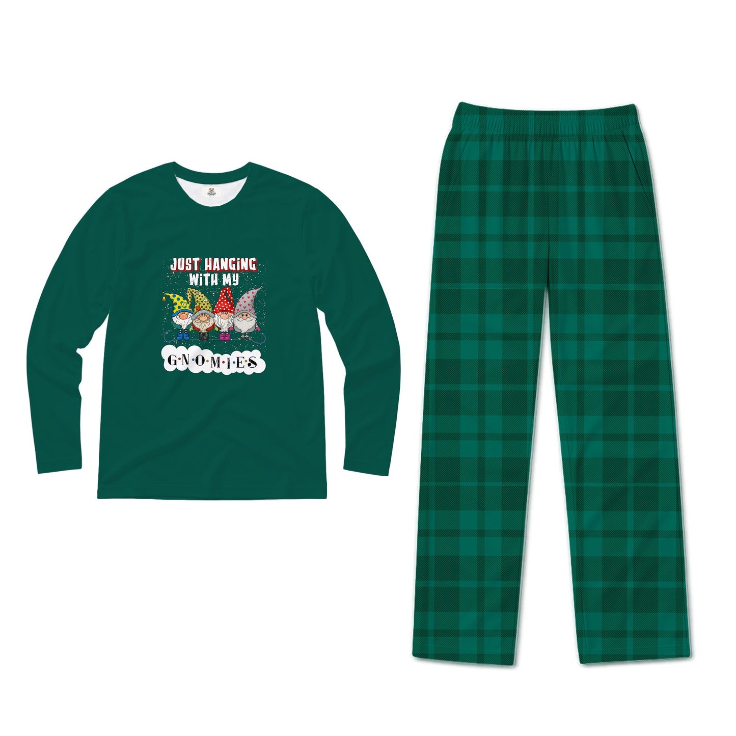 A two-piece holiday pajama set on a White background, featuring a dark Green long-sleeve shirt with a gnome graphic and the text 'JUST HANGING WITH MY Gnomes' and matching dark Green plaid pants.
