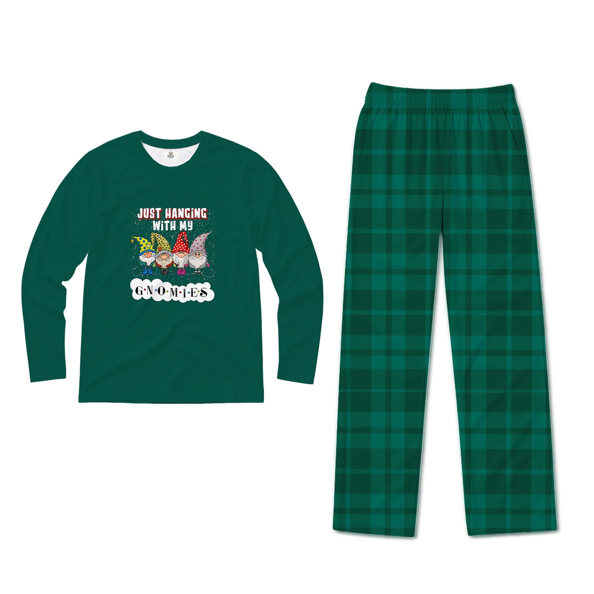 A two-piece holiday pajama set on a White background, featuring a dark Green long-sleeve shirt with a gnome graphic and the text 'JUST HANGING WITH MY Gnomes' and matching dark Green plaid pants.