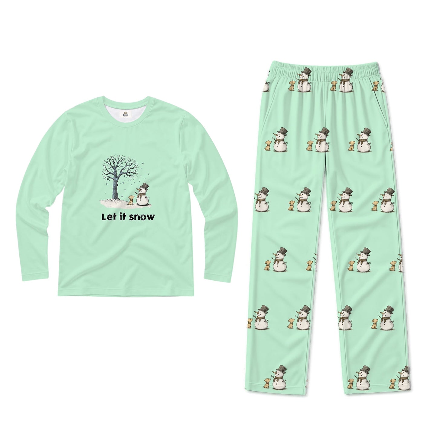 A two-piece kids' pajama set in Mint Green, featuring a long-sleeve shirt with a winter tree and 'Let it snow' graphic, and matching pants with an all-over snowman pattern.