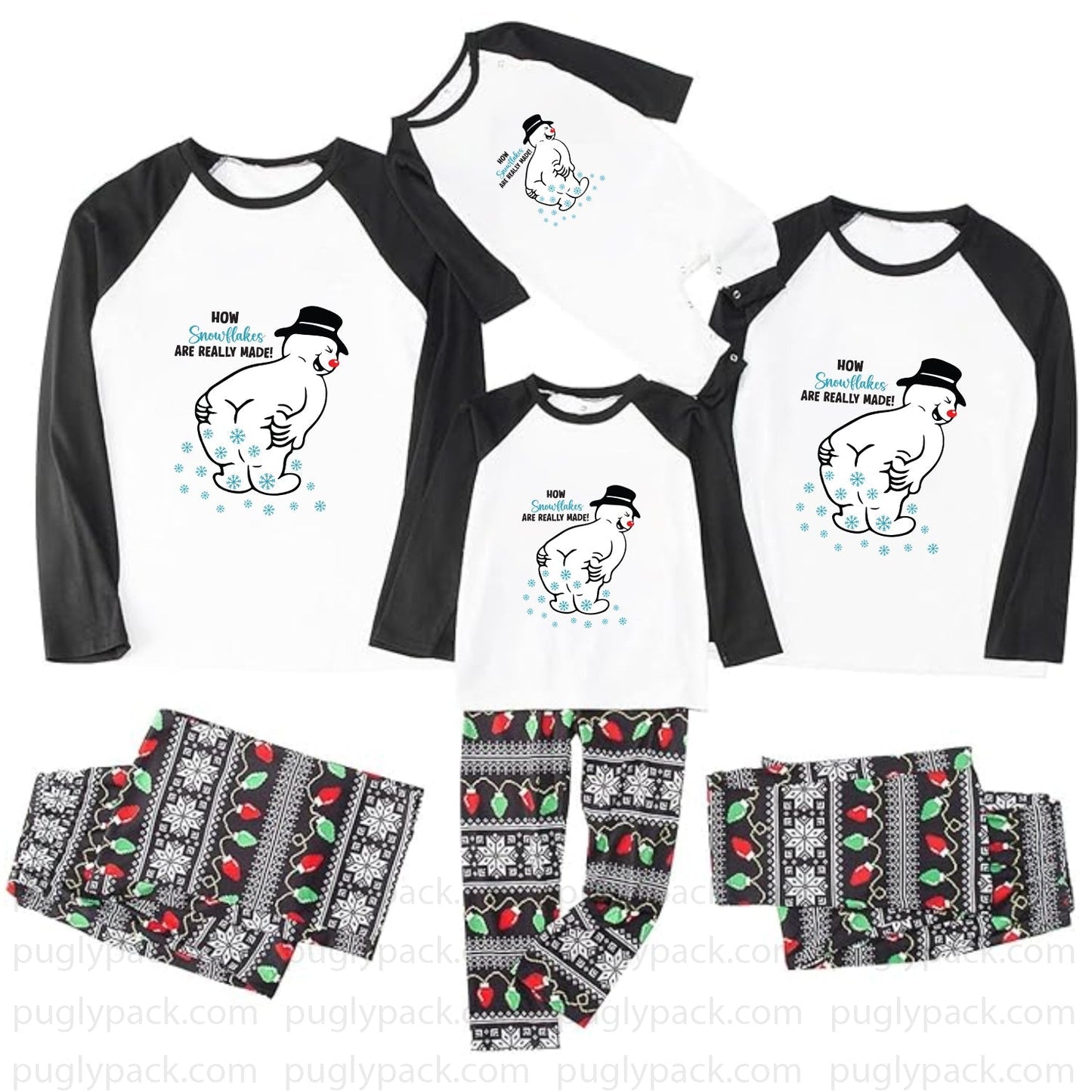 A matching family pajama set displayed on a White background, including three raglan long-sleeve shirts and three matching patterned pants. The shirts are White with Black sleeves and a cartoon penguin graphic with the text 'HOW Grandpa's ARE HEALTHY MAN!'.