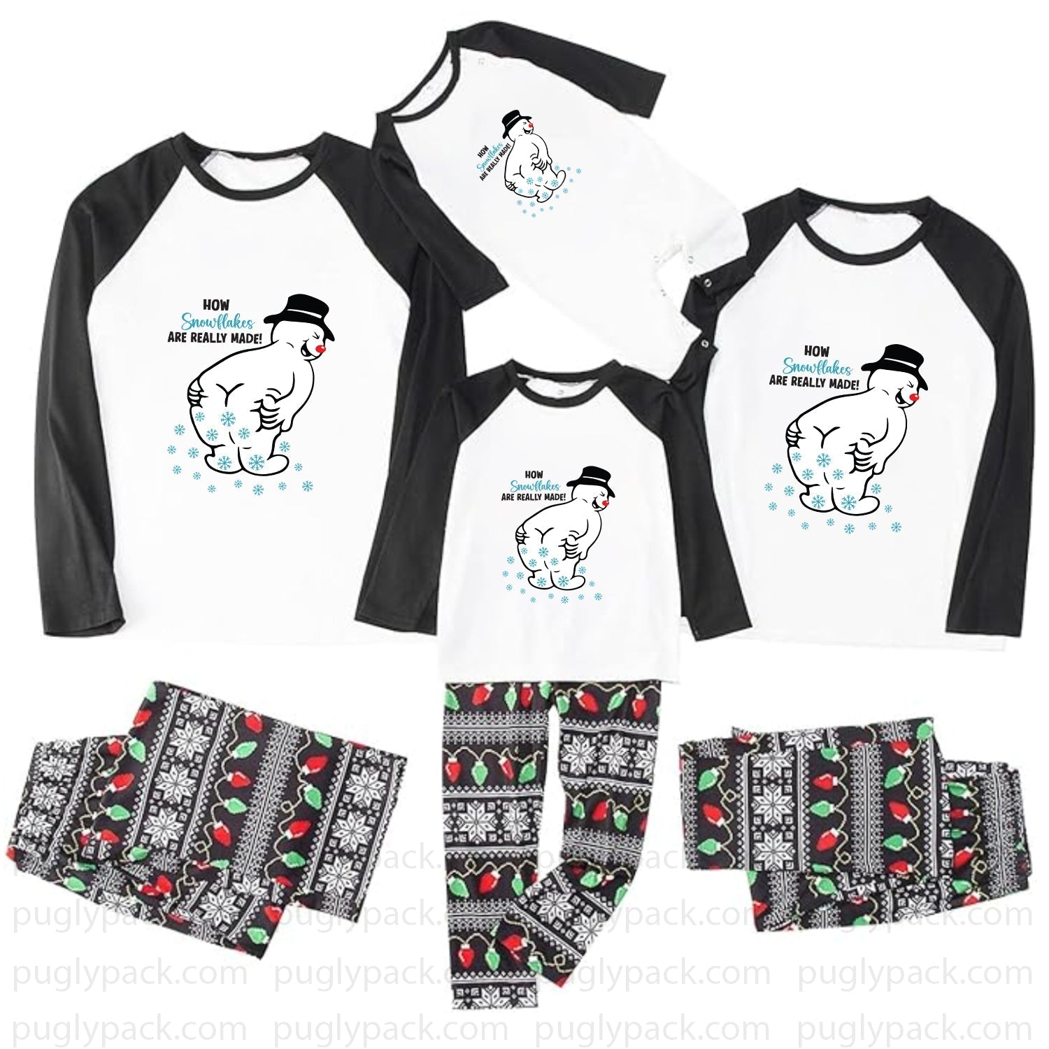 A matching family pajama set displayed on a White background, including three raglan long-sleeve shirts and three matching patterned pants. The shirts are White with Black sleeves and a cartoon penguin graphic with the text 'HOW Grandpa's ARE HEALTHY MAN!'.