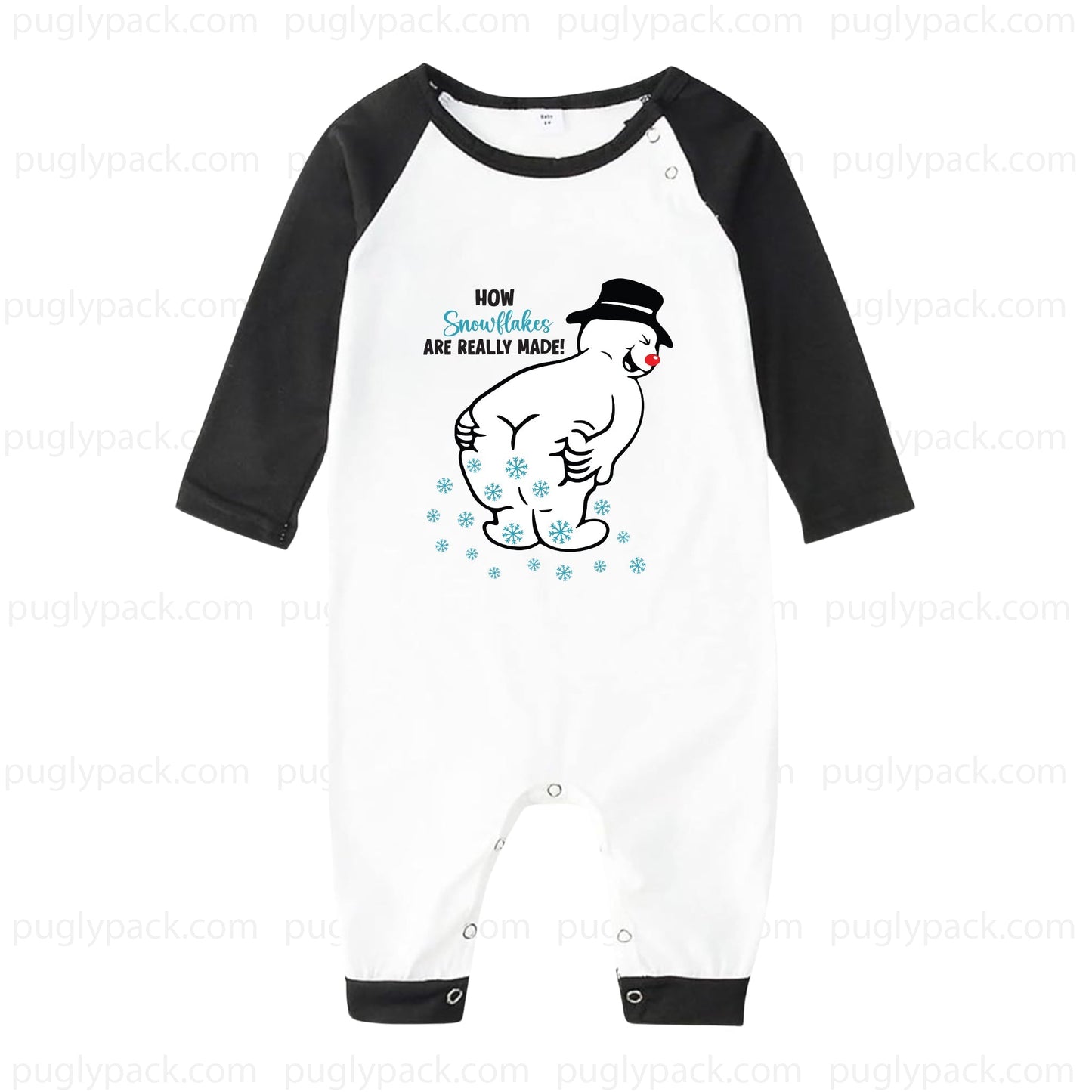 A baby one-piece romper with a White body and Black 3/4 sleeves, featuring a cartoon snowman graphic and the text 'HOW Snowman ARE REALLY MADE!' on the chest.