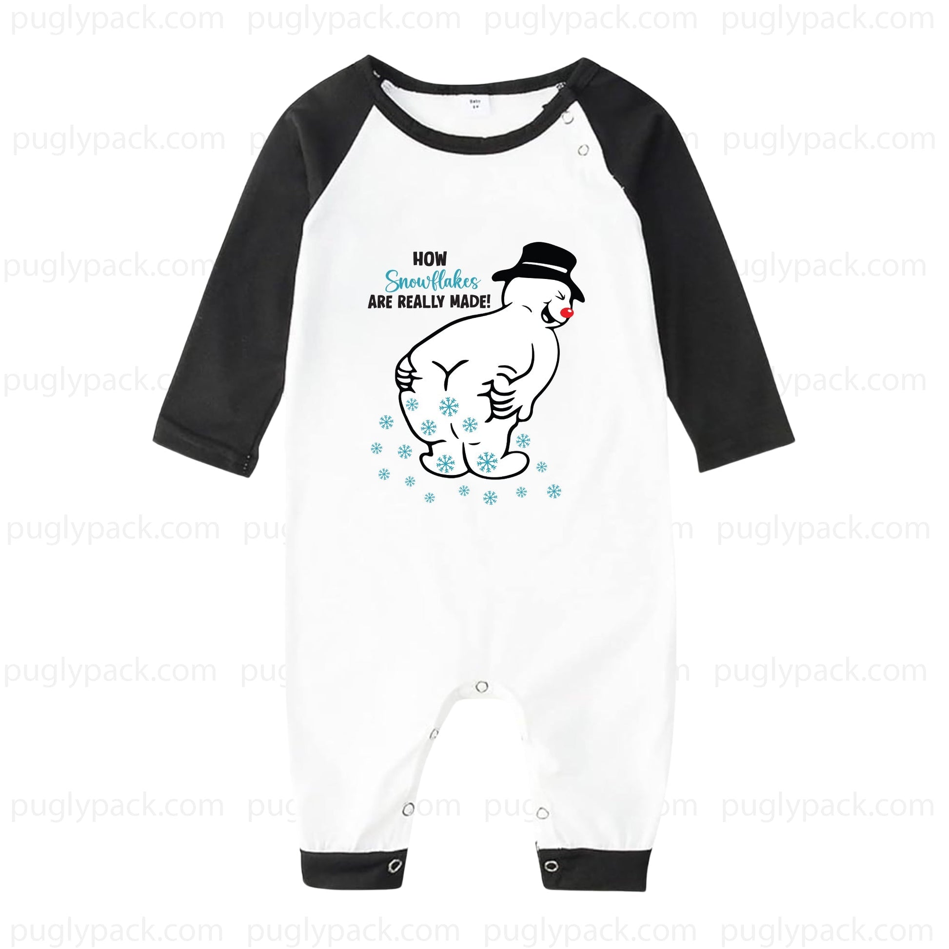 A baby one-piece romper with a White body and Black 3/4 sleeves, featuring a cartoon snowman graphic and the text 'HOW Snowman ARE REALLY MADE!' on the chest.