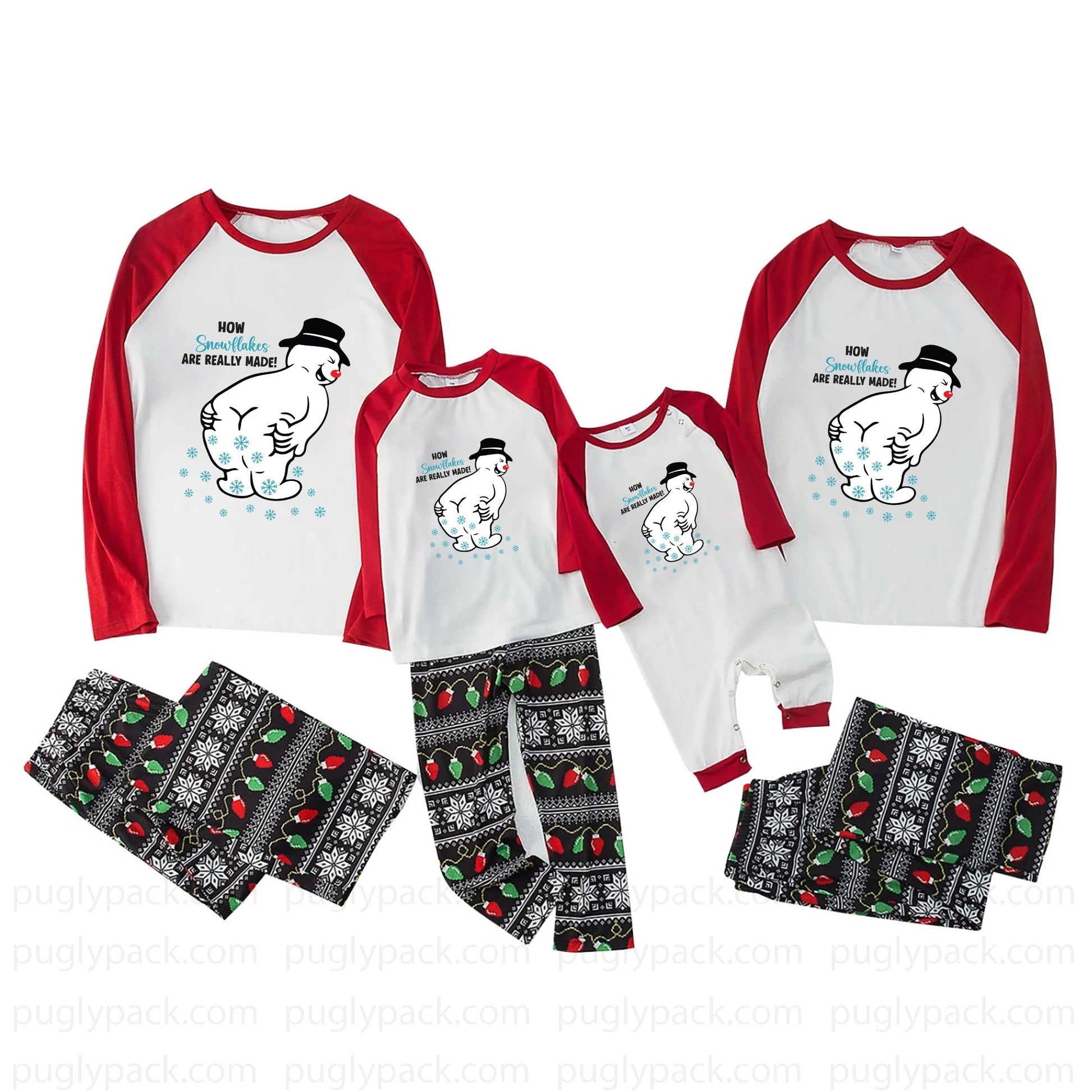Three matching family Christmas pajama sets shown on a White background, including long-sleeve raglan tops with Red sleeves and a White front with a polar bear graphic and text, plus patterned pants in Black, White, Red, and Green.