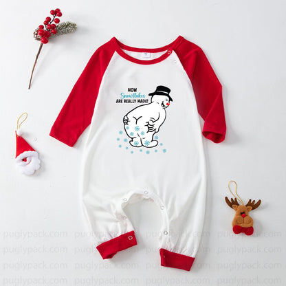 A baby long-sleeve romper with Red raglan sleeves and cuffs, featuring a cartoon snowman graphic on the chest with the text 'NOW Someone is REALLY MAD!'. The romper is laid flat on a White background with Christmas-themed decorative props.