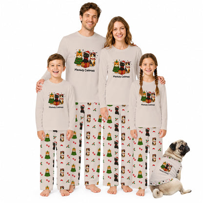 A family of four wearing matching Christmas-themed long-sleeve pajamas stands together on a White background, with a small dog sitting at their right. Each person wears a light Beige pajama top with a colorful holiday graphic and the words 'Merry Christmas,' plus matching patterned pajama pants.