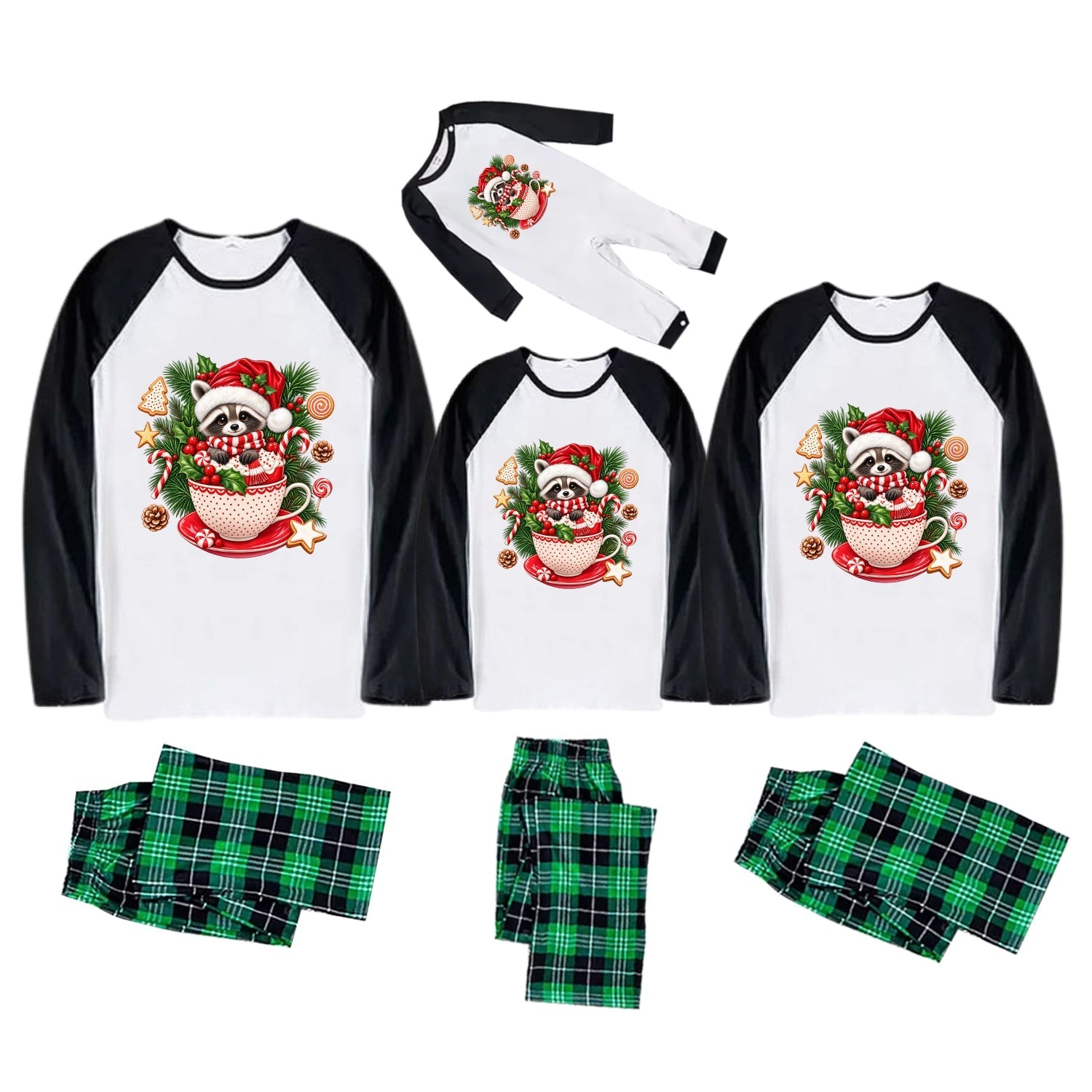 Three matching Christmas family pajama sets shown on a white background, each with a white raglan long-sleeve top featuring a festive panda in a teacup graphic and black sleeves, paired with green plaid pajama pants.