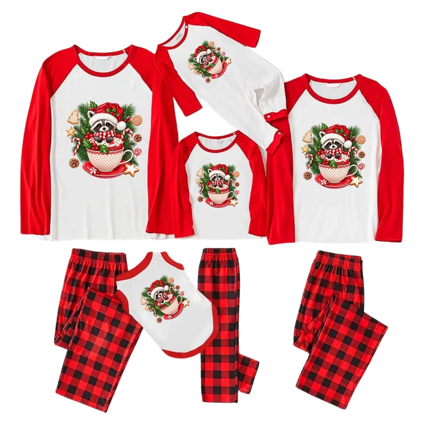 A coordinated Christmas pajama set shown on a white background, including long-sleeve raglan tops and matching plaid pants in red and black buffalo plaid, each top featuring a festive Raccoon-themed graphic.