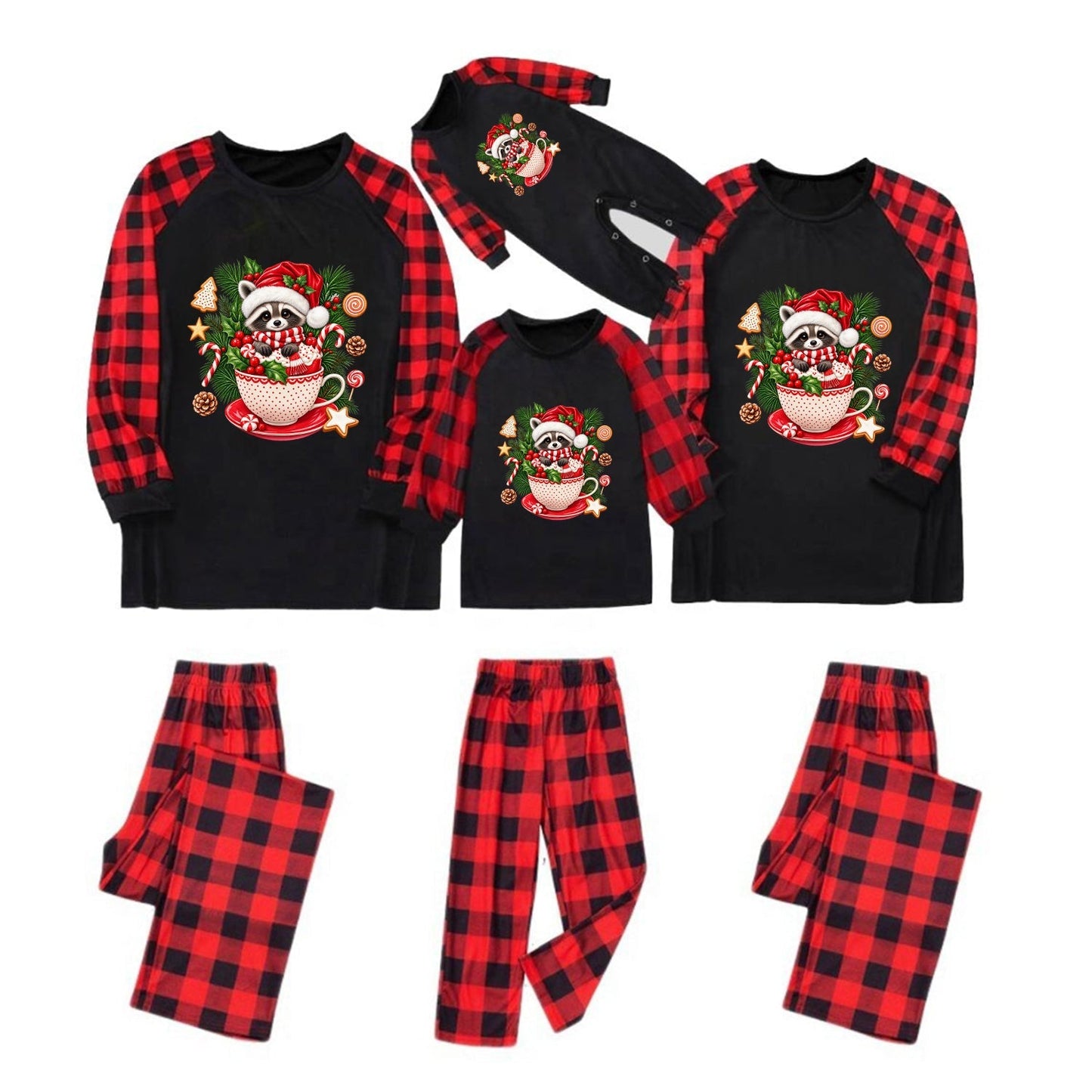 Three matching Christmas family pajama sets shown on a plain white background: a large adult set, a medium child set, and a small child set. Each set includes a black long-sleeve top with red buffalo plaid sleeves and a festive mug graphic on the chest, plus matching red-and-black plaid pants.
