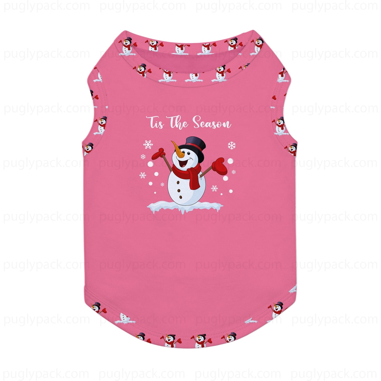 A Pink pet tank top featuring a central snowman graphic with the text 'Tis The Season' and a penguin pattern along the neckline and bottom hem, shown on a White background with faint watermarks.