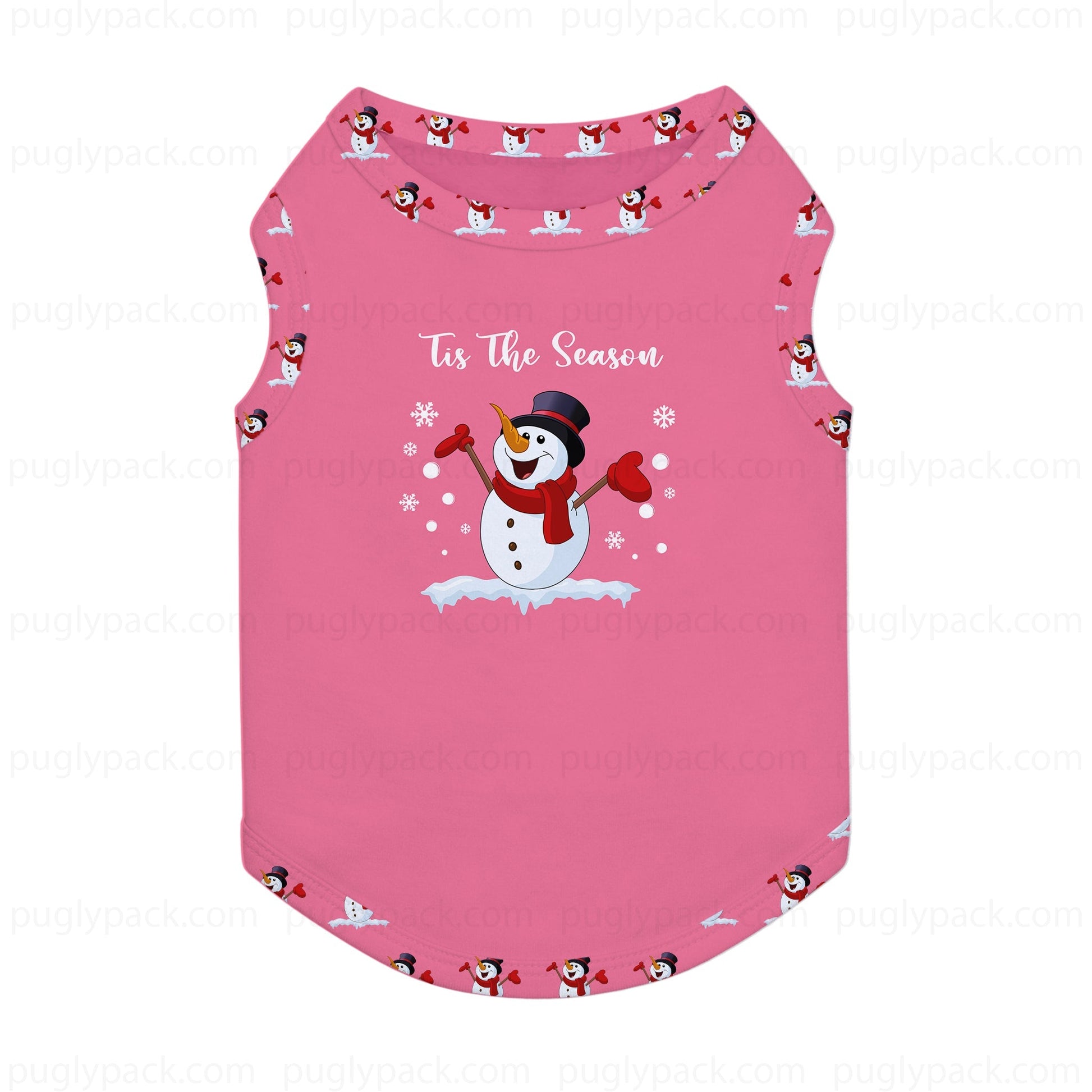 A Pink pet tank top featuring a central snowman graphic with the text 'Tis The Season' and a penguin pattern along the neckline and bottom hem, shown on a White background with faint watermarks.