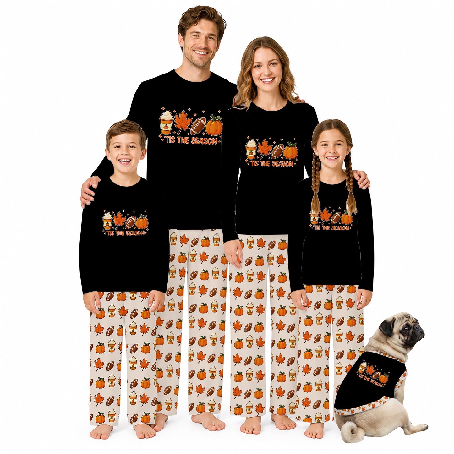 A family of four wearing matching Black long-sleeve pajamas with a 'Too Bad the Season' autumn sports graphic on the chest, paiRed with White pajama pants featuring a repeating pattern of pumpkins, fall leaves, and sports balls. A small pug dog wearing a matching pajama top sits on the right against a solid White background.